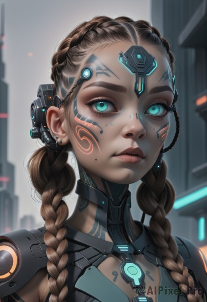 1girl,solo,long hair,breasts,looking at viewer,blue eyes,brown hair,jewelry,upper body,braid,earrings,artist name,mole,blurry,twin braids,aqua eyes,lips,eyelashes,tattoo,makeup,blurry background,glowing,headgear,facial mark,piercing,portrait,eyeshadow,freckles,science fiction,nose,stud earrings,cyborg,neon trim,cyberpunk,multiple braids,outdoors,parted lips,dark skin,bodysuit,lipstick,mole under mouth,hair over shoulder,backlighting,realistic,eyeliner,facepaint,facial tattoo,mascara,earpiece,mole above mouth