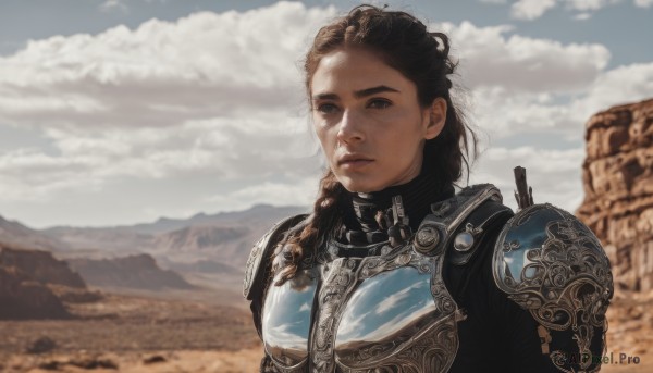 1girl,solo,long hair,brown hair,black hair,brown eyes,closed mouth,upper body,braid,outdoors,sky,day,cloud,medium hair,armor,blurry,black eyes,blue sky,lips,looking to the side,single braid,blurry background,looking away,cloudy sky,shoulder armor,pauldrons,breastplate,mountain,realistic,nose,chainmail,looking at viewer