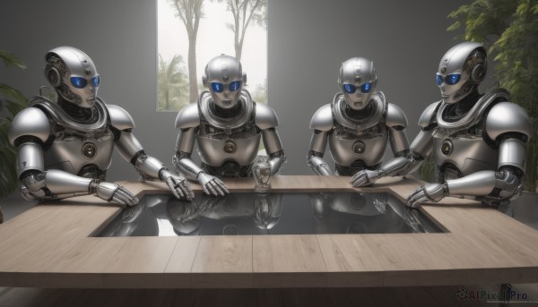 blue eyes,sitting,multiple boys,tree,cup,no humans,table,sunglasses,3boys,plant,robot,mecha,drinking glass,science fiction,4boys,realistic,android,glass,humanoid robot,looking at viewer,open mouth,multiple girls,weapon,indoors,signature,armor,4girls,helmet,shoulder armor,reflection,pauldrons,breastplate,multiple others,robot joints,full armor,2others