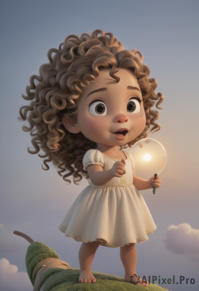 1girl,solo,long hair,smile,open mouth,brown hair,dress,holding,brown eyes,standing,full body,short sleeves,outdoors,sky,barefoot,cloud,dark skin,white dress,dark-skinned female,lips,grass,child,curly hair,female child,balloon,puffy sleeves,messy hair