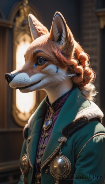 solo,smile,blue eyes,shirt,1boy,animal ears,jewelry,closed mouth,jacket,upper body,braid,male focus,earrings,open clothes,artist name,indoors,blurry,black eyes,coat,fur trim,fox ears,depth of field,blurry background,brooch,gem,furry,green jacket,furry female,purple shirt,furry male,body fur,white fur,animal nose,snout,brown fur,orange fur,1girl,long hair,looking at viewer,signature,hair bun,orange hair,animal ear fluff,window,buttons,single hair bun,curly hair