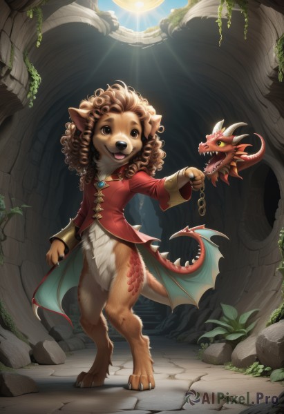 1girl,solo,smile,open mouth,brown hair,long sleeves,holding,animal ears,brown eyes,jewelry,standing,tail,full body,wings,horns,teeth,no humans,chain,sunlight,plant,claws,furry,walking,curly hair,light rays,dragon,sun,scales,vines,dragon wings,long hair,1boy,male focus,sky,artist name,tree,leaf,fangs,grass,rock,furry female,dragon tail,furry male