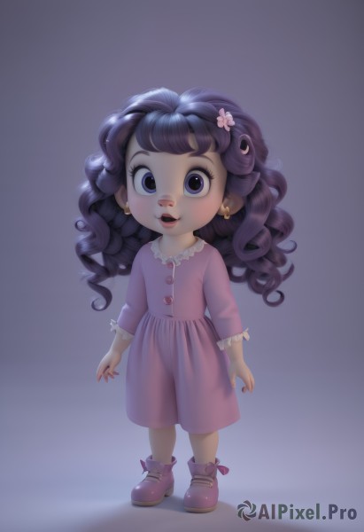 1girl,solo,long hair,looking at viewer,smile,open mouth,simple background,black hair,hair ornament,long sleeves,dress,jewelry,standing,purple eyes,full body,purple hair,flower,earrings,shoes,teeth,hair flower,grey background,nail polish,black eyes,fingernails,shadow,child,pink dress,red nails,purple dress,purple background,curly hair,arms at sides,pink footwear,female child,buck teeth,lips,makeup