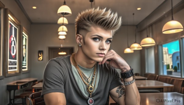 solo,looking at viewer,short hair,blue eyes,brown hair,shirt,black hair,1boy,jewelry,upper body,male focus,multicolored hair,earrings,parted lips,indoors,necklace,bracelet,lips,tattoo,chair,piercing,table,spiked hair,t-shirt,ear piercing,hand on own face,watch,head rest,realistic,nose,wristwatch,lamp,arm tattoo,undercut,mohawk,restaurant,blonde hair,short sleeves,nail polish,grey eyes,window,grey shirt,bar (place),eyebrow piercing