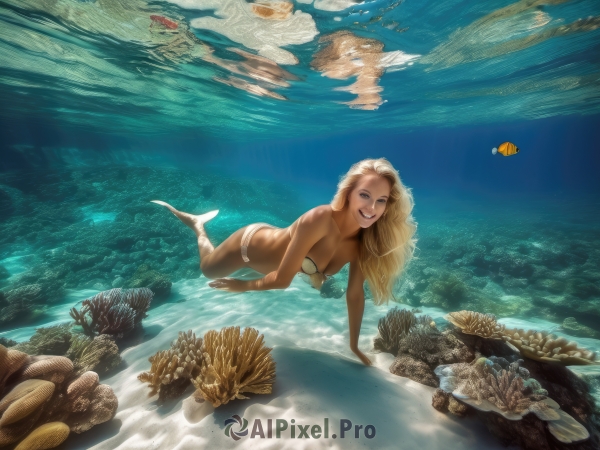 1girl,solo,long hair,breasts,looking at viewer,smile,open mouth,blue eyes,blonde hair,cleavage,bare shoulders,medium breasts,swimsuit,:d,bikini,teeth,dark skin,water,strapless,ocean,white bikini,monster girl,all fours,fish,rock,underwater,air bubble,mermaid,shell,starfish,swimming,strapless bikini,seashell,caustics,freediving,coral,shell bikini,seaweed,barefoot,arm support,realistic,diving