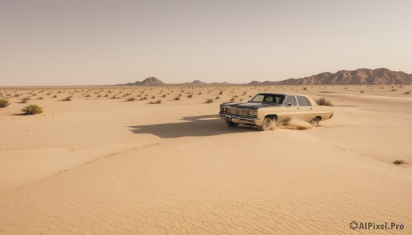 outdoors,sky,tree,no humans,shadow,ground vehicle,scenery,motor vehicle,mountain,sand,car,road,vehicle focus,desert,day,rock,dust,sports car