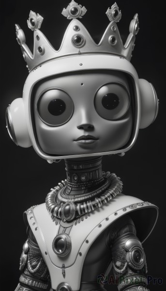 1girl,solo,looking at viewer,simple background,jewelry,monochrome,upper body,greyscale,parted lips,necklace,armor,lips,helmet,crown,robot,black background,no humans,gem,1other,science fiction,android,joints,robot joints,humanoid robot