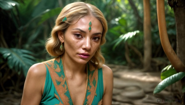 HQ,1girl,solo,long hair,looking at viewer,short hair,blonde hair,hair ornament,bare shoulders,brown eyes,jewelry,closed mouth,upper body,earrings,outdoors,sleeveless,blurry,lips,makeup,depth of field,blurry background,nature,forest,freckles,circlet,realistic,nose,forehead jewel,tree,leaf,facial mark,plant,gem,dirty