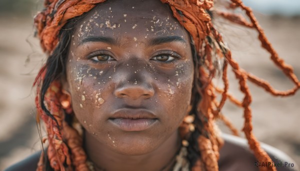 1girl,solo,looking at viewer,black hair,brown eyes,jewelry,closed mouth,braid,parted lips,dark skin,necklace,blurry,dark-skinned female,lips,depth of field,blurry background,headband,portrait,realistic,straight-on,very dark skin,dreadlocks,long hair,teeth,eyelashes,close-up,freckles,bandana