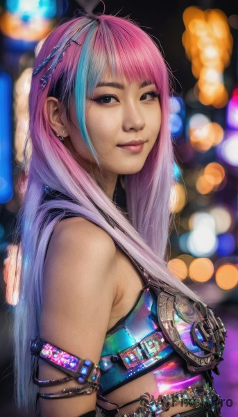 1girl,solo,long hair,looking at viewer,smile,bangs,hair ornament,bare shoulders,brown eyes,jewelry,closed mouth,blue hair,upper body,pink hair,purple hair,multicolored hair,earrings,hairclip,blurry,black eyes,from side,two-tone hair,lips,makeup,depth of field,blurry background,piercing,armlet,realistic,nose,artist name,streaked hair,looking to the side,watermark,lipstick,eyeshadow,bokeh