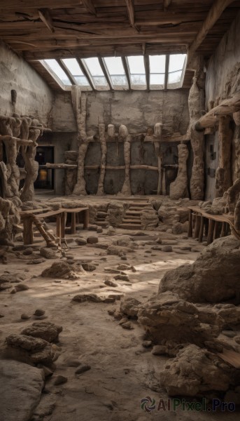 monochrome,indoors,no humans,window,scenery,rock,stairs,ruins,broken,debris,stone,rubble,day,chair,sunlight,desk,ceiling,dust,wood,broken window