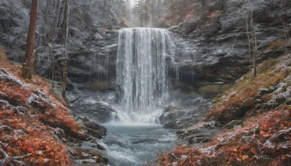 A breathtaking snowy day featuring a waterfall