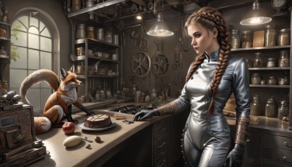 1girl,solo,long hair,breasts,smile,brown hair,gloves,brown eyes,medium breasts,standing,braid,cowboy shot,food,black gloves,indoors,twin braids,lips,window,bodysuit,profile,makeup,fruit,animal,sunlight,bottle,knife,hair over shoulder,skin tight,plate,zipper,cake,dog,realistic,spoon,nose,fork,apple,clock,lamp,leather,shelf,fox,kitchen,jar,drawer,counter,leather gloves,wall clock,artist name,plant,box,cake slice,light bulb,phonograph