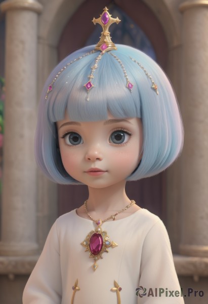 1girl,solo,looking at viewer,short hair,bangs,shirt,hair ornament,long sleeves,dress,jewelry,closed mouth,blue hair,white shirt,upper body,parted lips,indoors,blunt bangs,necklace,white dress,blurry,black eyes,lips,grey eyes,eyelashes,blurry background,bob cut,tiara,gem,child,freckles,female child,blue eyes,artist name,watermark,crown,web address,realistic,nose,pillar