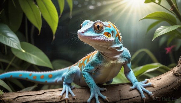 HQ,solo,tail,full body,yellow eyes,outdoors,teeth,day,signature,blurry,tree,orange eyes,pokemon (creature),no humans,leaf,sunlight,plant,sharp teeth,nature,claws,monster,light rays,realistic,scales,animal focus,whiskers,dinosaur,lizard,blurry background,branch,moss