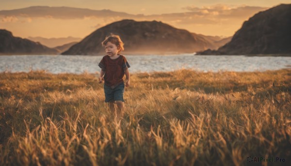 solo,smile,short hair,open mouth,brown hair,shirt,1boy,standing,short sleeves,male focus,outdoors,sky,shorts,cloud,water,blurry,grass,red shirt,child,scenery,walking,blue shorts,sunset,mountain,male child,field,twilight,mountainous horizon,blue eyes,bag,backpack,horizon,landscape