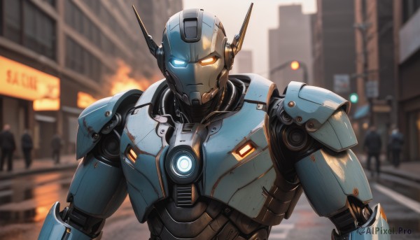 solo,looking at viewer,blue eyes,1boy,upper body,male focus,outdoors,solo focus,armor,blurry,orange eyes,no humans,blurry background,glowing,robot,building,mecha,glowing eyes,science fiction,city,glowing eye,police,humanoid robot,heterochromia,walking,realistic,road,straight-on,street,cyberpunk