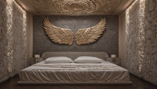 wings,indoors,pillow,no humans,bed,bed sheet,on bed,sunlight,scenery,feathered wings,blanket,lamp,bedroom,still life,canopy bed