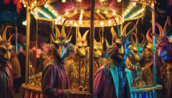 long sleeves,standing,multiple boys,horns,indoors,blurry,no humans,mask,helmet,robe,multiple others,chandelier,1boy,upper body,male focus,formal,lights