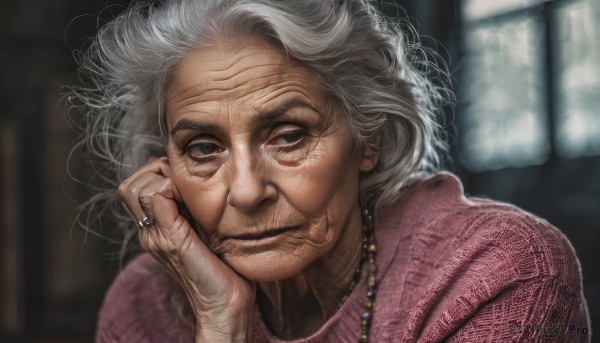 1girl,solo,looking at viewer,blue eyes,jewelry,closed mouth,upper body,white hair,grey hair,indoors,hand up,necklace,blurry,sweater,grey eyes,window,depth of field,blurry background,ring,messy hair,portrait,hand on own face,realistic,old,old man,pink sweater,old woman,wrinkled skin,black eyes,head rest,pearl necklace