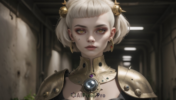 1girl,solo,looking at viewer,short hair,bangs,hair ornament,twintails,brown eyes,jewelry,closed mouth,yellow eyes,upper body,white hair,earrings,indoors,armor,mole,blurry,lips,mole under eye,makeup,blurry background,facial mark,shoulder armor,portrait,pauldrons,nose,blonde hair,parted lips,eyelashes,depth of field,gem,eyeshadow,realistic,red lips,gorget