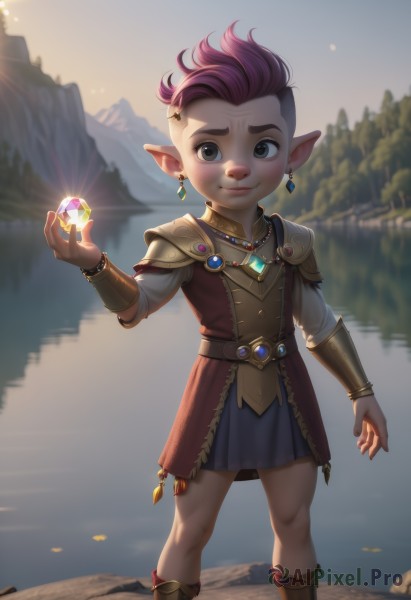 1girl,solo,looking at viewer,smile,short hair,skirt,1boy,holding,jewelry,closed mouth,standing,pink hair,purple hair,male focus,earrings,boots,outdoors,pointy ears,hand up,water,necklace,armor,blurry,tree,grey eyes,blurry background,brown footwear,shoulder armor,gem,child,androgynous,pauldrons,crystal,mountain,bracer,lake,lalafell,brown eyes,belt,artist name,bracelet,blue skirt,feet out of frame,scar,aged down,scar on face,female child,very short hair,scar on nose