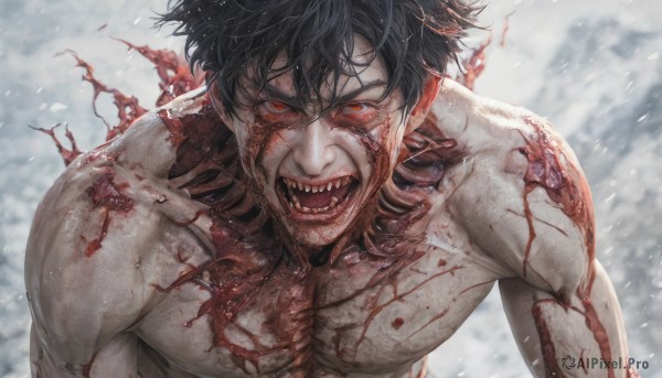 solo,looking at viewer,short hair,open mouth,black hair,red eyes,1boy,collarbone,upper body,male focus,nude,outdoors,teeth,blurry,blood,muscular,glowing,fangs,scar,sharp teeth,glowing eyes,snow,veins,topless male,blood on face,snowing,tongue,torn clothes,abs,pectorals,messy hair,angry,injury,realistic,manly,cuts,bleeding,scratches