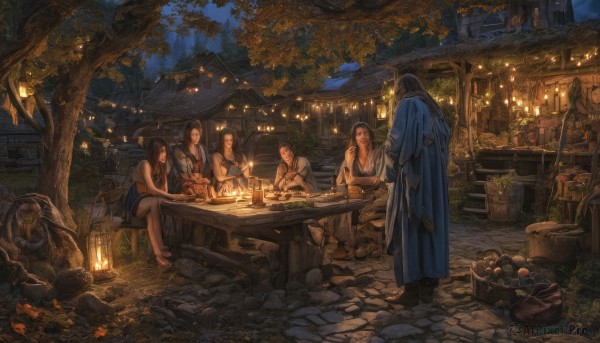 long hair,smile,short hair,open mouth,multiple girls,brown hair,black hair,2girls,sitting,standing,outdoors,food,japanese clothes,multiple boys,sky,barefoot,pointy ears,3girls,looking at another,tree,cup,night,leaf,sandals,table,3boys,bottle,fire,building,night sky,scenery,bowl,4boys,robe,lantern,fantasy,architecture,east asian architecture,paper lantern,dress,boots,2boys,4girls,fruit,chair,grass,plant,alcohol,rock,basket,house