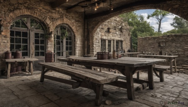 outdoors,sky,day,cloud,indoors,tree,cup,blue sky,no humans,window,chair,table,plant,building,scenery,wooden floor,stairs,door,railing,lamp,bench,wall,brick wall,arch,barrel,chandelier,wooden chair,potted plant,candle,ruins,wooden table