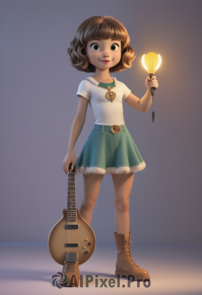 1girl,solo,looking at viewer,smile,short hair,bangs,skirt,simple background,brown hair,shirt,holding,brown eyes,standing,full body,white shirt,short sleeves,boots,belt,dark skin,blunt bangs,dark-skinned female,lips,blue skirt,brown footwear,green skirt,instrument,child,microphone,cross-laced footwear,curly hair,guitar,female child,electric guitar,aqua skirt