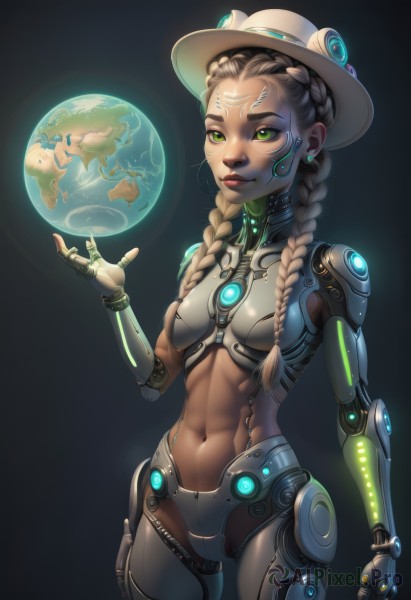 1girl,solo,long hair,breasts,looking at viewer,smile,blonde hair,simple background,brown hair,gloves,hat,navel,jewelry,closed mouth,green eyes,standing,braid,cowboy shot,earrings,small breasts,midriff,hand up,signature,dark skin,stomach,twin braids,dark-skinned female,lips,makeup,glowing,facial mark,abs,thick eyebrows,lipstick,black background,glowing eyes,hair over shoulder,science fiction,toned,nose,android,red lips,eyeliner,joints,mechanical arms,planet,cyborg,orb,single mechanical arm,robot joints,neon trim,cyberpunk,mechanical parts,energy ball,hologram,twintails,grey hair,artist name,piercing,robot,ear piercing,sun hat,facepaint,earth (planet)