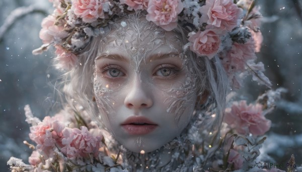 1girl, solo, looking at viewer, hair ornament, flower, white hair, parted lips, hair flower, blurry, lips, grey eyes, eyelashes, blurry background, rose, portrait, snow, pink flower, freckles, snowing, realistic