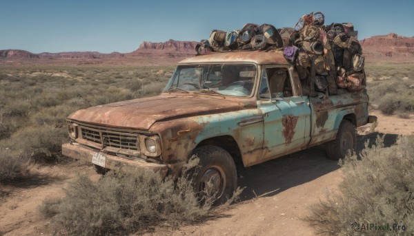 weapon,outdoors,multiple boys,sky,day,uniform,blue sky,gun,military,military uniform,helmet,grass,goggles,ground vehicle,motor vehicle,6+boys,4boys,mountain,car,vehicle focus,desert,driving,wheel,truck,no humans,robot,mecha,science fiction,realistic,dirty,damaged,dust