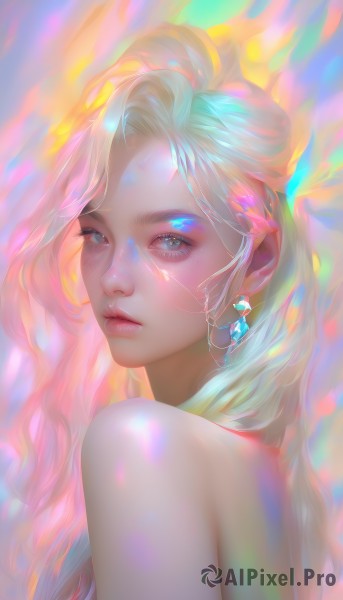 1girl,solo,long hair,looking at viewer,blue eyes,blonde hair,bare shoulders,jewelry,closed mouth,upper body,pink hair,nude,multicolored hair,earrings,parted lips,lips,grey eyes,eyelashes,makeup,glowing,portrait,eyeshadow,realistic,nose,bangs,white hair,shiny,from side,looking to the side,gem,mascara