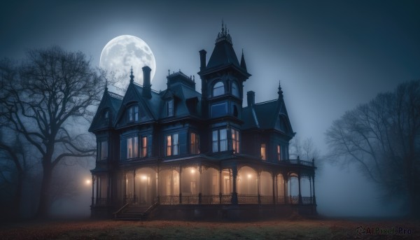 outdoors,sky,cloud,tree,no humans,window,night,moon,building,night sky,scenery,full moon,road,architecture,house,lamppost,bare tree,castle,fog,path,grass,nature,fantasy,light,tower,moonlight,church