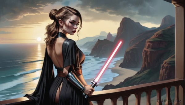 1girl,solo,long hair,breasts,looking at viewer,brown hair,dress,holding,brown eyes,medium breasts,weapon,ass,outdoors,sky,looking back,sword,cloud,water,hair bun,from behind,cape,holding weapon,black dress,lips,makeup,ocean,holding sword,single hair bun,lipstick,sunset,mountain,backless outfit,railing,sun,red lips,bracer,backless dress,back cutout,lake,energy sword,lightsaber,back,cloudy sky,eyeshadow,science fiction,realistic,nose,horizon