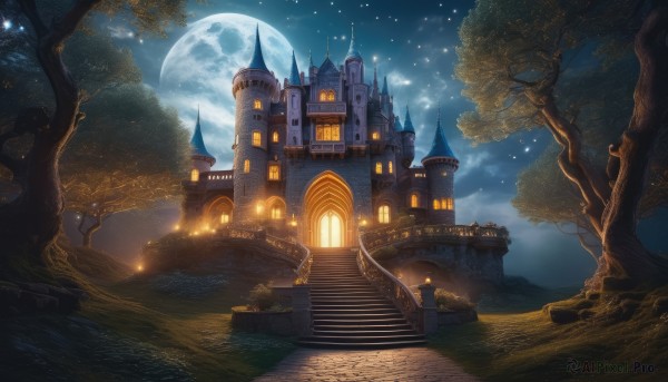 outdoors,sky,cloud,tree,no humans,night,moon,grass,building,star (sky),night sky,scenery,full moon,starry sky,stairs,fantasy,castle,tower,moonlight,water,bridge,river,arch