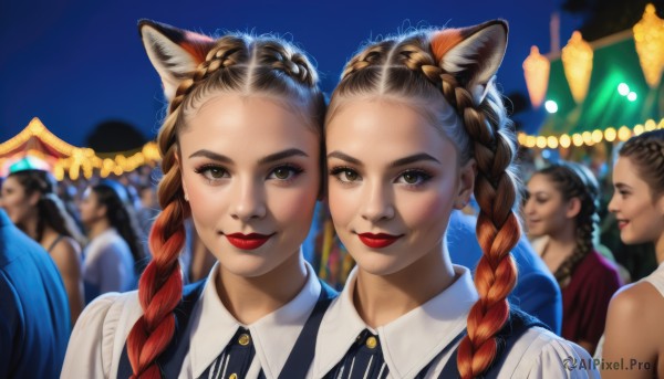 long hair,looking at viewer,smile,multiple girls,brown hair,shirt,black hair,dress,2girls,animal ears,brown eyes,closed mouth,white shirt,upper body,braid,red hair,multicolored hair,outdoors,sleeveless,collared shirt,cat ears,blurry,twin braids,two-tone hair,lips,gradient hair,makeup,depth of field,blurry background,blue dress,siblings,6+girls,lipstick,sisters,forehead,twins,realistic,red lips,jewelry,earrings,dark skin,3girls,wolf ears,kemonomimi mode,crowd