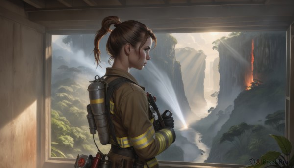 1girl,solo,short hair,brown hair,gloves,long sleeves,holding,brown eyes,jacket,upper body,ponytail,weapon,black gloves,cloud,indoors,water,holding weapon,from side,tree,gun,window,profile,sunlight,backpack,fire,plant,scenery,short ponytail,brown jacket,mountain,hair tie,binoculars,sky,tears,bag,from behind,lips,cloudy sky,crying,rain,light rays,sunbeam