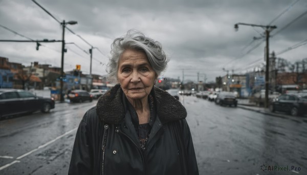 solo,looking at viewer,shirt,1boy,jewelry,closed mouth,jacket,upper body,white hair,grey hair,male focus,outdoors,sky,cloud,necklace,blurry,coat,black jacket,fur trim,black shirt,depth of field,blurry background,facial hair,scar,cloudy sky,ground vehicle,motor vehicle,zipper,realistic,car,road,old,power lines,old man,street,photo background,grey sky,old woman,wrinkled skin,1girl,short hair,day,lips,grey eyes,building,city,lamppost,utility pole