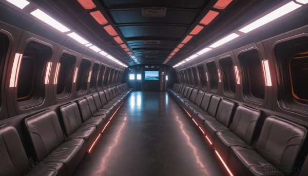 indoors,no humans,ground vehicle,scenery,reflection,science fiction,light,train,train station,seat,water,realistic,cable,spacesuit,screen