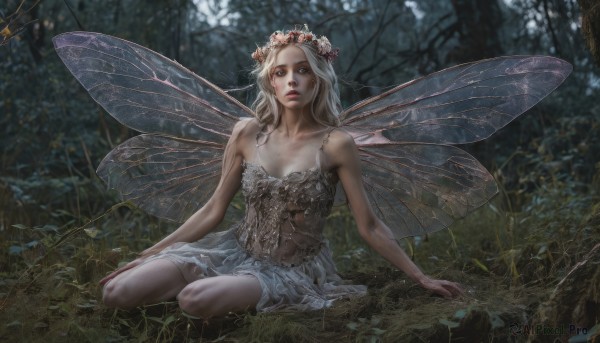 1girl,solo,long hair,breasts,looking at viewer,blue eyes,blonde hair,hair ornament,dress,bare shoulders,sitting,flower,white hair,small breasts,outdoors,wings,hair flower,blurry,tree,lips,grass,bug,nature,forest,realistic,yokozuwari,fairy wings,fairy,head wreath,butterfly wings,skirt,cleavage,collarbone,parted lips,artist name,watermark,wariza,on ground