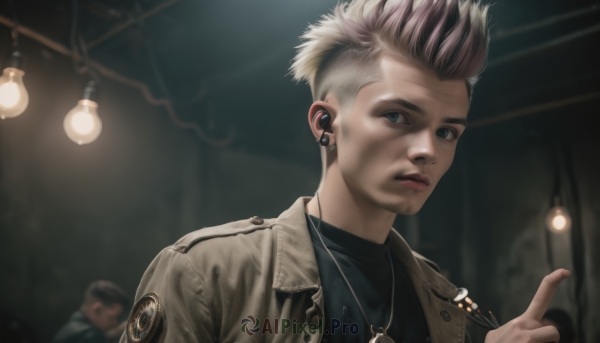 looking at viewer,short hair,blue eyes,blonde hair,brown hair,shirt,1boy,jewelry,jacket,upper body,pink hair,male focus,multicolored hair,earrings,parted lips,multiple boys,solo focus,indoors,necklace,blurry,uniform,two-tone hair,lips,black shirt,blurry background,piercing,pointing,brown jacket,realistic,nose,undercut,earphones,dog tags,earbuds,solo,closed mouth,2boys,facial hair,spiked hair,portrait,light,very short hair,leather,leather jacket,mohawk