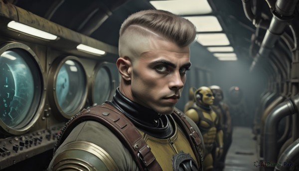 looking at viewer,short hair,blonde hair,brown hair,1boy,brown eyes,upper body,male focus,multiple boys,solo focus,signature,2boys,armor,blurry,lips,facial hair,3boys,robot,beard,machinery,science fiction,serious,realistic,nose,bald,manly,alien,power armor,spacesuit,indoors,uniform,military,helmet,pilot suit,pompadour,spacecraft,mohawk