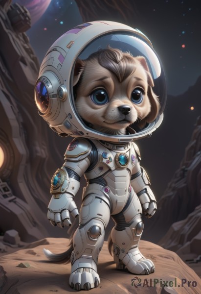 solo,blue eyes,1boy,standing,tail,full body,male focus,no humans,helmet,star (sky),furry,science fiction,dog,rock,space,furry male,planet,alien,spacesuit,space helmet,astronaut,brown hair,animal ears,sky,artist name,watermark,moon,web address,starry sky,realistic