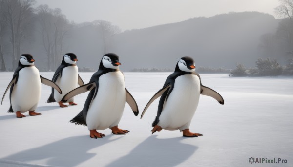 standing,outdoors,day,tree,no humans,shadow,bird,animal,nature,snow,walking,mountain,animal focus,winter,penguin,flock,sky,water,scenery,bare tree