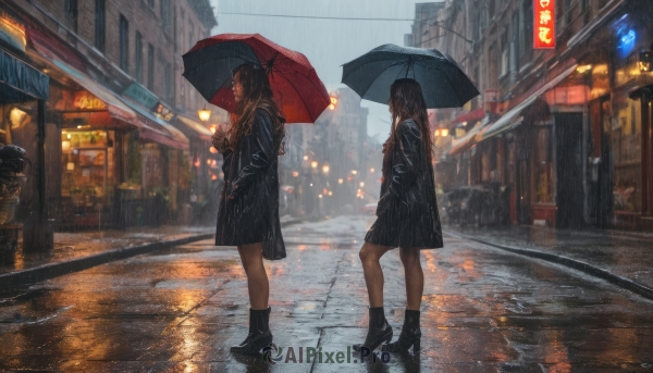 long hair, multiple girls, skirt, brown hair, long sleeves, holding, 2girls, standing, jacket, boots, outdoors, shoes, black skirt, black footwear, high heels, profile, umbrella, ground vehicle, building, scenery, high heel boots, walking, rain, holding umbrella, city, car, road, street, crosswalk, sidewalk