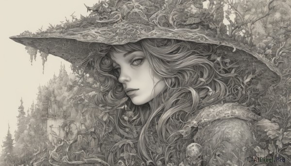 1girl,solo,long hair,looking at viewer,hat,closed mouth,monochrome,upper body,greyscale,outdoors,from side,tree,lips,eyelashes,witch hat,leaf,expressionless,plant,portrait,nature,witch,flower,profile,scenery,forest,realistic,fantasy,vines