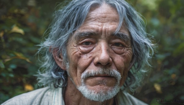 solo,looking at viewer,shirt,1boy,closed mouth,white shirt,white hair,grey hair,male focus,outdoors,artist name,signature,blurry,black eyes,depth of field,blurry background,facial hair,portrait,beard,realistic,mustache,old,old man,wrinkled skin,medium hair,lips,grey eyes,scar,scar on face,nose,scar across eye