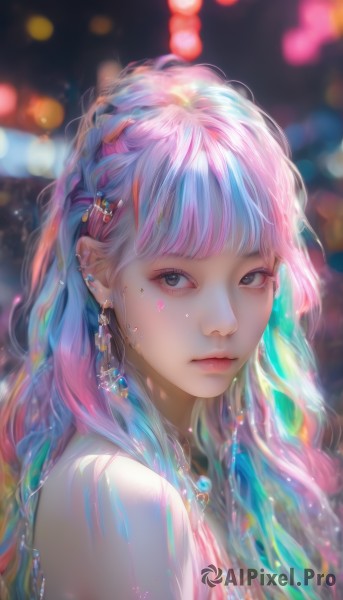 1girl,solo,long hair,looking at viewer,bangs,hair ornament,bare shoulders,jewelry,closed mouth,blue hair,upper body,pink hair,multicolored hair,earrings,blunt bangs,necklace,mole,blurry,black eyes,from side,two-tone hair,lips,grey eyes,mole under eye,makeup,depth of field,blurry background,piercing,gem,ear piercing,portrait,nose,bokeh,artist name,looking to the side,eyelashes,aqua hair,wavy hair,facial mark,realistic